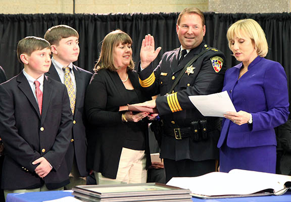 Shaun Golden is sworn into his second three-year term as Monmouth County Sheriff by New Jersey Lt. Gov. Kim Guadagno.